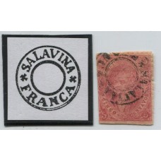 ARGENTINA 1865 GJ 25Ba RIVADAVIA ESTAMPILLA DE 4ta TIRADA COLOR ROSA CON VARIEDAD MULATO Y MATASELLO SALAVINA SANTIAGO DEL ESTERO MUY RARO U$ 100 + 600 % ADEMAS PEQUEÑA DOBLE IMPRESIÓN PARCIAL